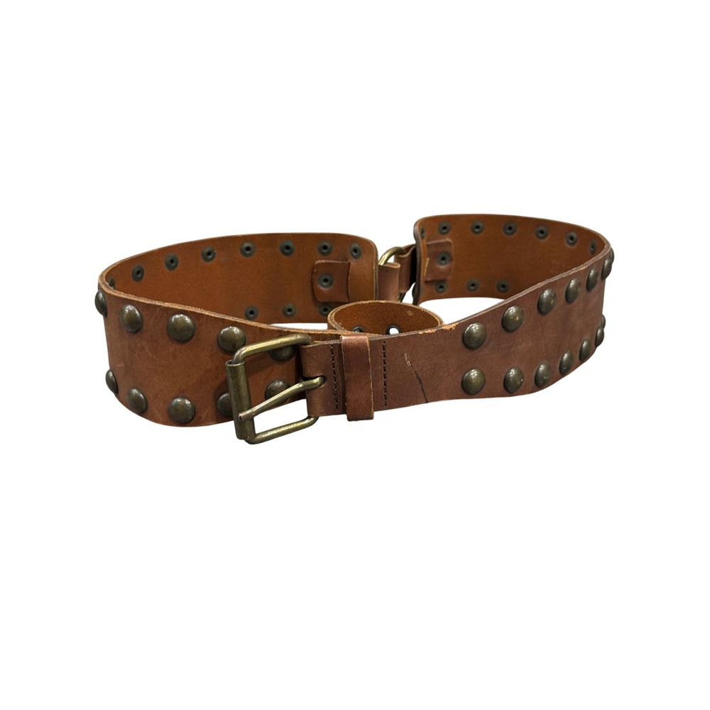 Express Studded Belt Womens Medium Brown Leather Grommet Wide Tapered Italy